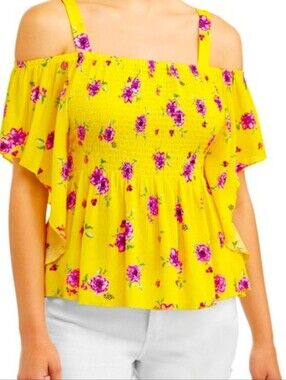 Self Esteem Yellow Floral Smocked Tie-Shoulder Top